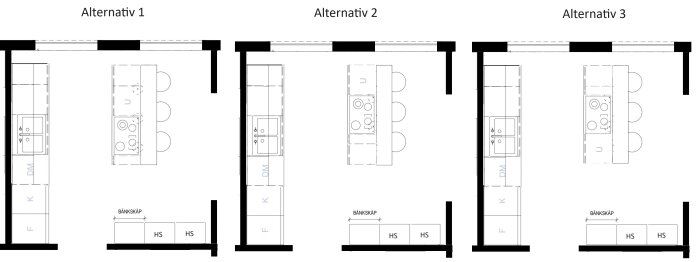 Tre köksplaner visas bredvid varandra, märkta Alternativ 1, Alternativ 2 och Alternativ 3, med olika placeringar av köksön.