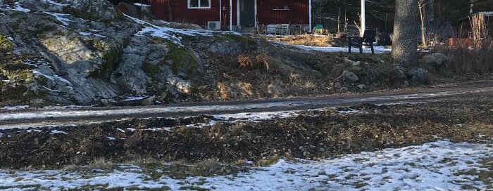 Röd träbyggnad i bakgrunden, snötäckt mark och stenar i förgrunden, grusväg i mitten.