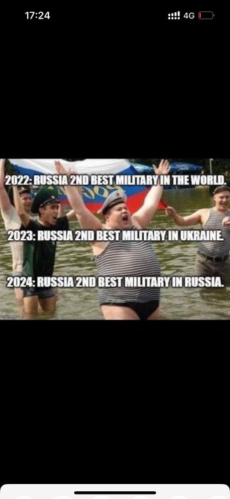 En bild på personer i en flod med ryska flaggan i bakgrunden och texten "2022: RUSSIA 2ND BEST MILITARY IN THE WORLD, 2023: RUSSIA 2ND BEST MILITARY IN UKRAINE, 2024: RUSSIA...