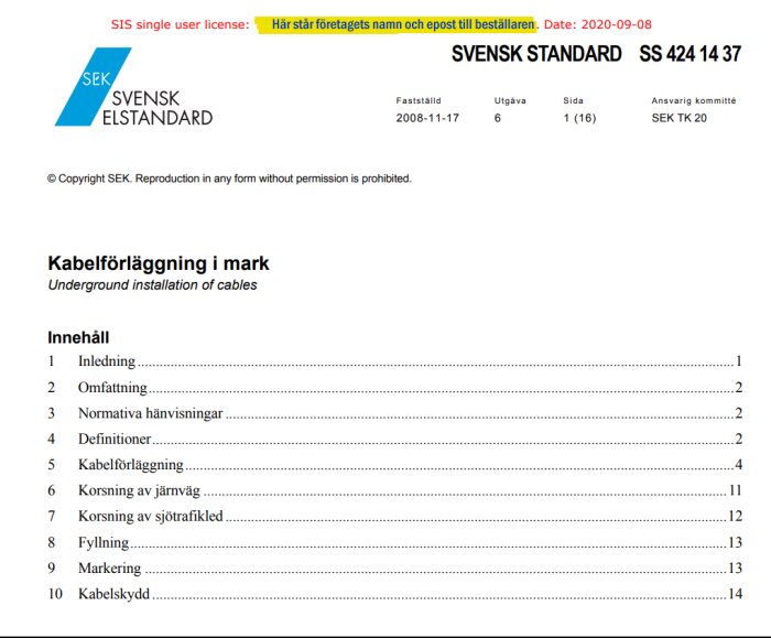 Framsida av dokumentet 'Kabelförläggning i mark' som är en svensk standard (SS 424 14 37) med innehållsförteckning och detaljer om utgåva och version.