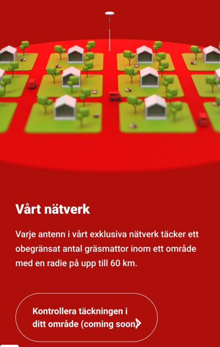 Illustration av ett nätverk där flera hus syns på gräsmattor runt en central antenn, med text om nätverkets täckning upp till 60 km och kommande tjänst att kontrollera täckningen.