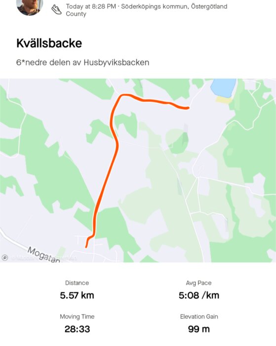 Karta över en löprunda på 5,57 km med start och mål vid Husbyviksbacken, Söderköpings kommun, med statistik som visar medelhastighet (5:08/km) och höjdökning (99 m).