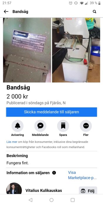 Annons för en begagnad bandsåg av märket Inca till salu för 2000 kr, publicerad i Fjärås, inkluderar en närbild på produktens specifikationer.