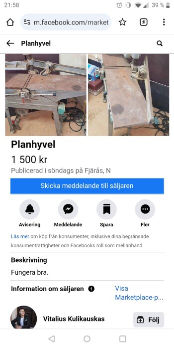 Planhyvel till salu för 1500 kr i Fjärås, N. Två bilder visar verktyget med synliga arbetsytor och mekanismer. Beskrivningen säger "Fungera bra.