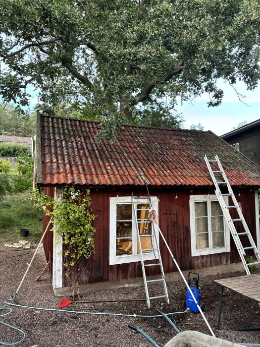 Rött gammalt torp med två fönster och en dörr, tak med rödbrunt tegel. Träd i bakgrunden, stegar lutade mot byggnaden och verktyg ligger på marken.