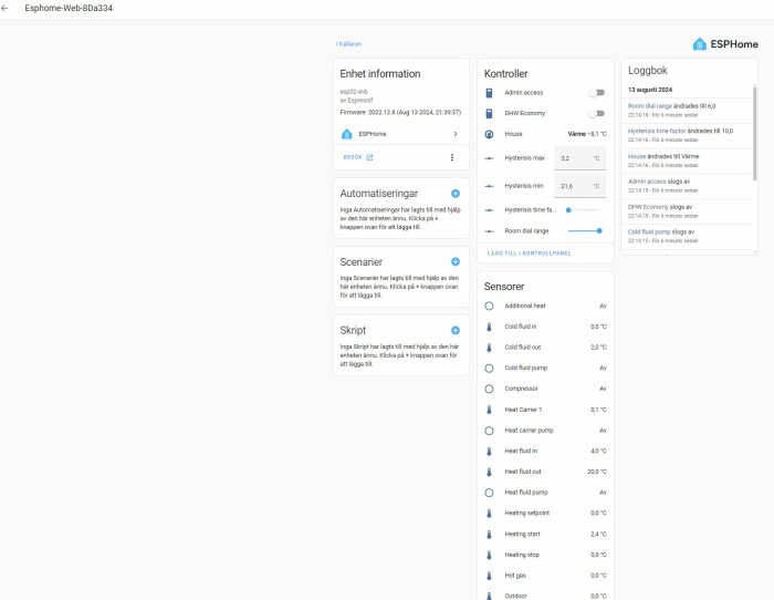 Skärmdump av ESPHome webbsida som visar enhetens information, automatiseringar, scenarier, skript, kontroller, sensorer och loggbok.