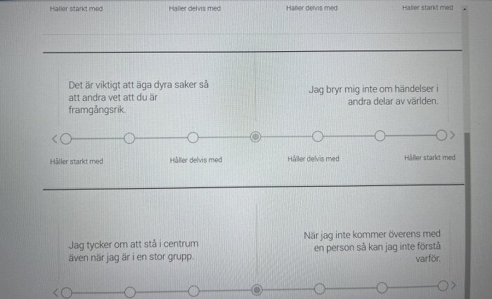 Bild på frågor från ett personlighetstest vid en jobbansökan med olika påståenden, inklusive "Det är viktigt att äga dyra saker" och svarsgraderingar från "Håller starkt med" till "Håller inte alls med".