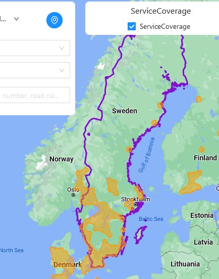 Karta över norra Europa som visar serviceområden för RTK-tjänst, med täckning markerad i lila och orange, inklusive Sverige, Danmark, Norge och Finland.