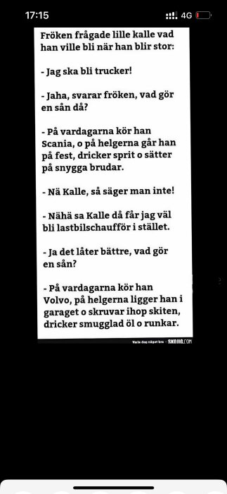 Skärmdump av en text med titeln "Fröken frågade lille kalle vad han ville bli när han blir stor" som innehåller en konversation mellan Kalle och fröken om framtida yrken.