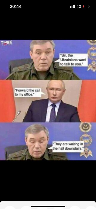 En tecknad bild där två män diskuterar. Texten lyder: "Sir, the Ukrainians want to talk to you." "Forward the call to my office." "They are waiting in the hall downstairs.