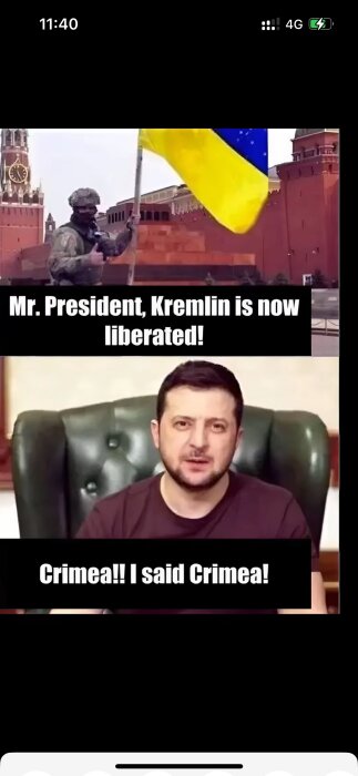 En mem som visar en soldat vid Kreml som håller en ukrainsk flagga och texten "Mr. President, Kremlin is now liberated!" samt en person som svarar "Crimea!! I said Crimea!