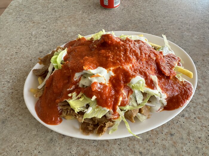 En stor kebabtallrik med pommes, sallad och rikligt med sås, serverad på en vit tallrik på ett bord.