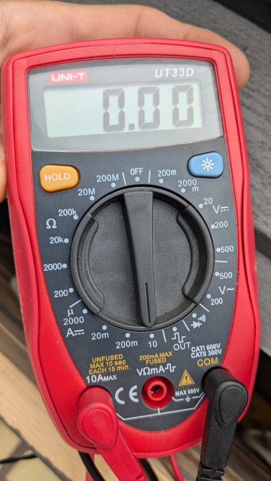 Digital multimeter som visar 0,00 med vredet i läge för mätning av resistans (Ohm).