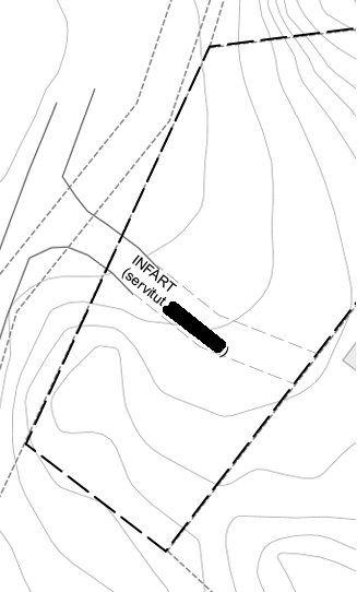 Karta över fastighet med servitut markerat som "INFART (servitut)" där servitutområdet är märk ut.