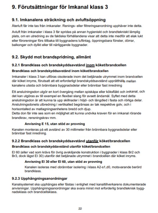 Text om förutsättningar för imkanal klass 3, inklusive sektioner om imkanalens sträckning, skydd mot brandspridning inom och utanför köket, och upphängningsanordningar.