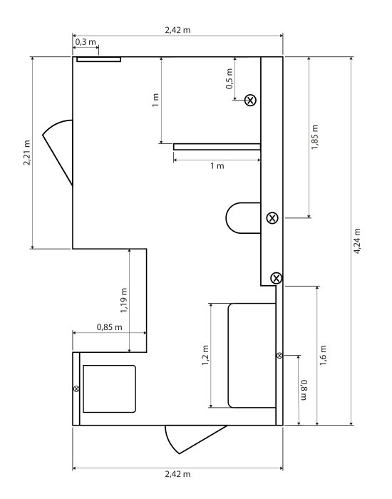 Ritning av ett badrum med dimensioner, inklusive placering av dusch (uppe till höger) och andra inredningsdetaljer markerade med måttangivelser.