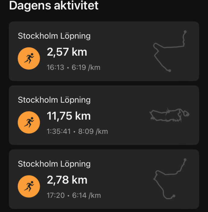 Tre olika löpningsaktiviteter i Stockholm visas med distanser på 2,57 km, 11,75 km och 2,78 km inklusive kartor och hastigheter per kilometer.