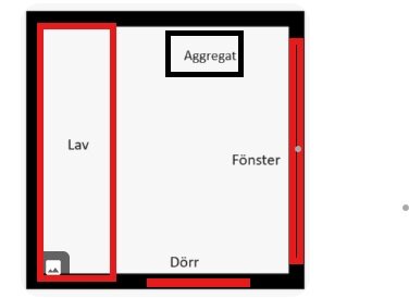 Skiss av bastu med elaggregat placerat mitt emot dörren, lav till vänster och fönster på sidan bredvid dörren.