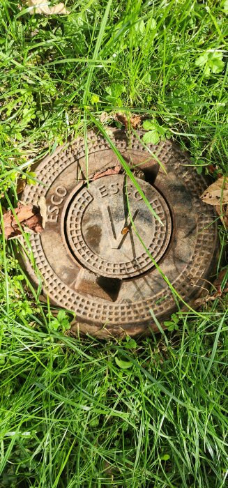 Brunnslock med bokstaven "V" på en gräsmatta, omgiven av växtlighet; locket har en diameter på cirka 7 cm.