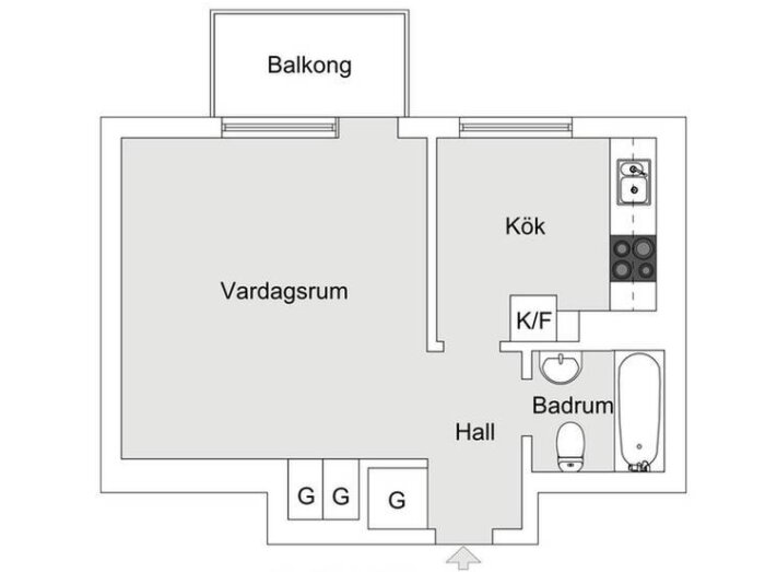 Planritning över en lägenhet med vardagsrum och balkong, kök, hall och badrum med badkar, som diskuteras i inlägget.