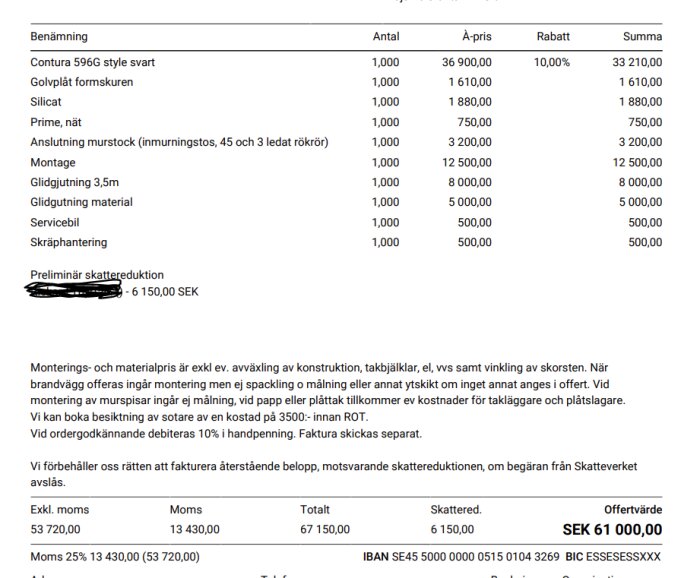 Offert för kamininstallation med specifikationer för Contura 596G, golvplåt, montage, glidgjutning och preliminär skattereduktion; totalt belopp SEK 61 000.