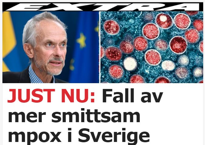 Skärmbild av en nyhetsartikel med en man till vänster och mikroskopisk bild av viruspartiklar till höger. Rubrik: "JUST NU: Fall av mer smittsam mpox i Sverige".