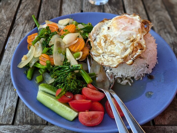 Tallrik med wokrätt med broccoli, thai-basilika, morötter och lök, tillsammans med ris, stekt ägg, gurkskivor och körsbärstomater.