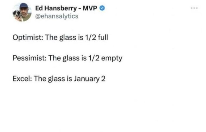 Tweet som säger: "Optimist: The glass is 1/2 full. Pessimist: The glass is 1/2 empty. Excel: The glass is January 2.