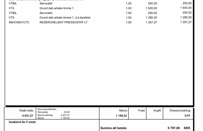 Faktura med kostnader för servicebil, arbetstid, och reservdelssats, totalt 5797 SEK inklusive moms och avrundning.