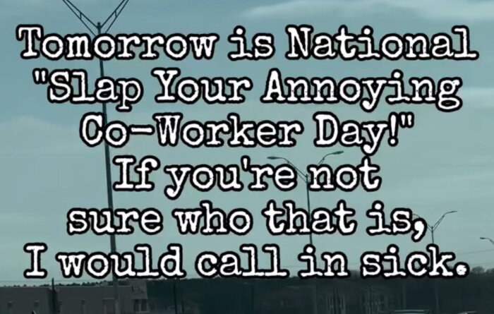 Bild med texten: "Tomorrow is National 'Slap Your Annoying Co-Worker Day!' If you're not sure who that is, I would call in sick.