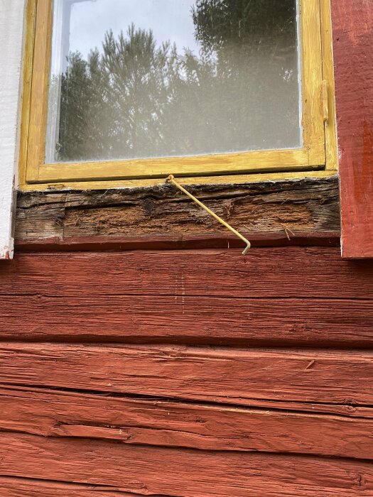 Fönster med foder borttaget och synliga skador i träet under. En gulmålad trästav sticker ut från skadan på huset som är målat i röd slamfärg.