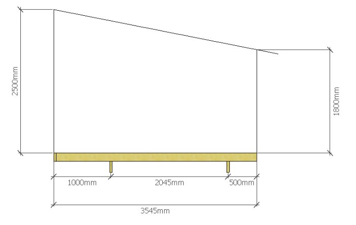 Ritning av kallförråd med utstick på 50 cm från yttre plintraden, totalt 3545 mm brett, 2500 mm högt på ena sidan, och 1800 mm högt på andra sidan.