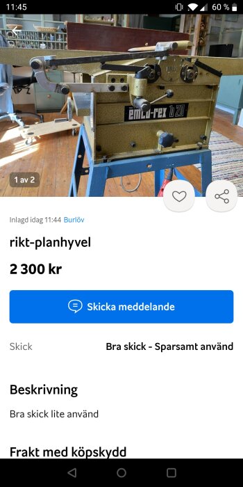 Rikt- och planhyvel av märket Emco-rex h20, i ett träverkstadsmiljö, tillgänglig för 2300 kr.