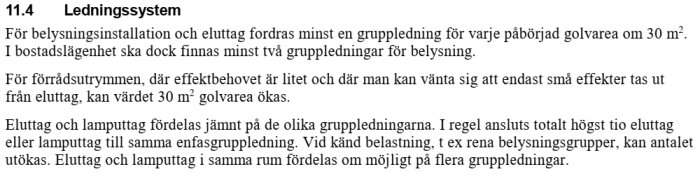 Utdrag ur standard SS 437 01 02 kapitel 11.4, som beskriver krav på gruppledning för belysningsinstallation och eluttag, speciellt krav för bostadslägenheter och förrådsutrymmen.