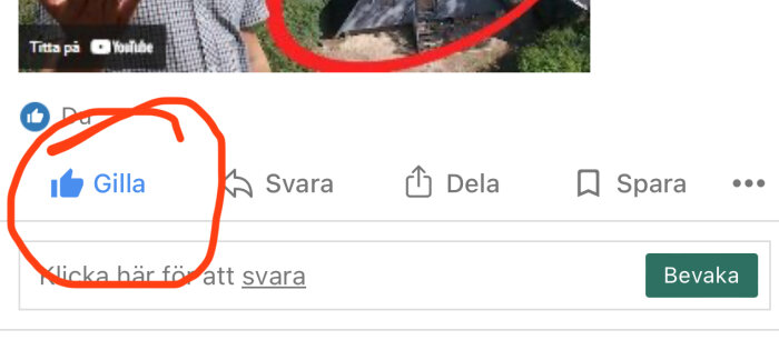 Bild av en like-knapp där "Gilla" är markerad med röd cirkel på en diskussionssida om bygga och renovera.