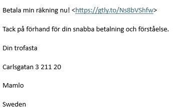 Ett mejl med rubriken "Betala min räkning nu" och en länk, följt av en tacksägelse för snabb betalning. Avsändarens adress listas som Carlsgatan 3, Malmö, Sverige.