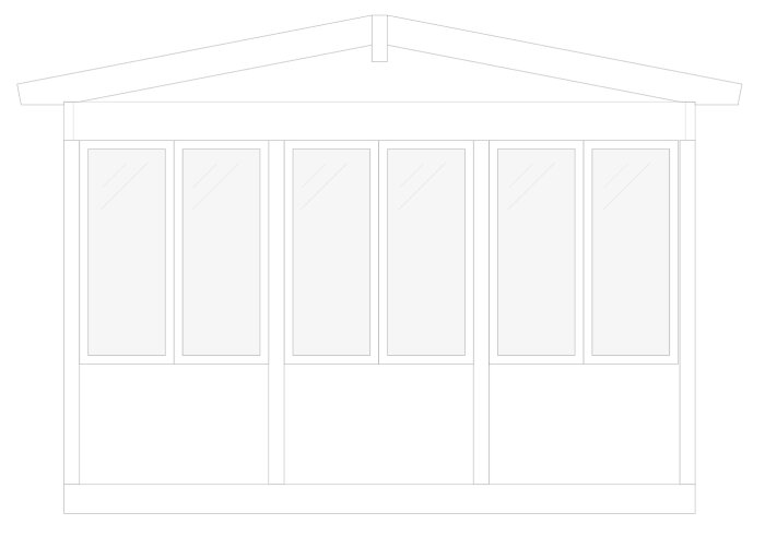 Ritning av uterum som byggs till ett hus. Uterummet är 14 kvm och har valmat tak med fem stora fönsterpartier på framsidan.
