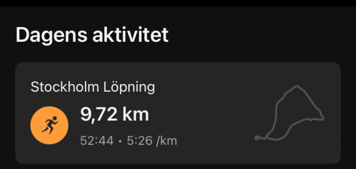 Aktivitetsstatistik från en löpningsapp som visar en löprunda i Stockholm på 9,72 km med en tid på 52:44 minuter och ett tempo på 5:26 min/km.