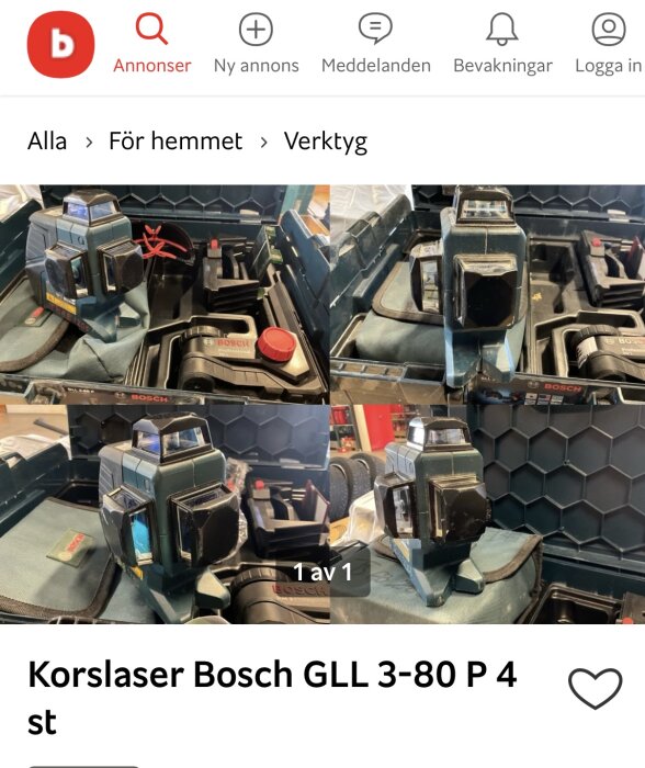 Bosch GLL 3-80 P korslaser visas från olika vinklar i en förvaringslåda på Klaravik's annonseringssida under kategorin verktyg för hemmet.