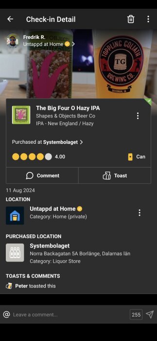 Bild som visar en skärmdump från ölloggningsappen Untappd med en IPA-öl, The Big Four O Hazy IPA från Shapes & Objects Beer Co., betyg 4 av 5.