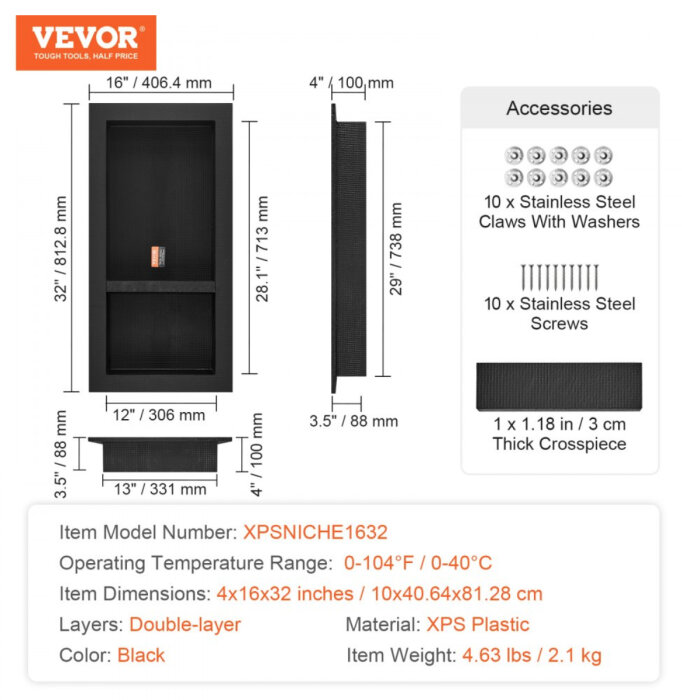 Produktbild med måttspecifikationer och tillbehör för badrumsnisch från Vevor, modell XPSNICHE1632. Svart färg, lager i XPS-plast, inkluderar skruvar och fästen.