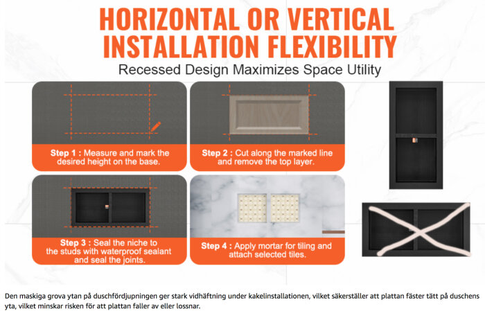 Instruktioner för installation av infälld duschförvaring med steg för steg-anvisningar: mätning, kapning, tätning och applicering av murbruk för plattsättning.