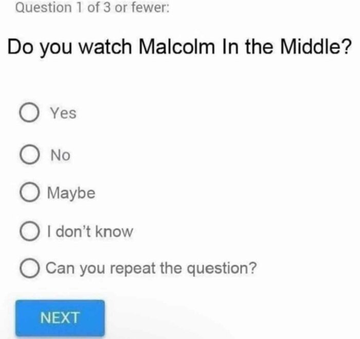 En enkätfråga om att se på "Malcolm in the Middle" med alternativen Ja, Nej, Kanske, Jag vet inte och Kan du upprepa frågan?