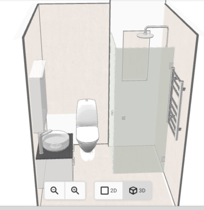 3D-skiss av badrumsdesign med toalett, handfat och dusch samt en vägg som ska byggas framför existerande för att hålla eluttag till kök.