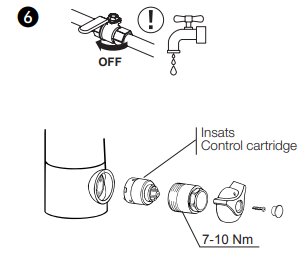 Illustrationer som visar hur man monterar en insats i en köksblandare, inkluderar steg för att stänga av vattnet och använvningen av en insats med märkningen 7-10 Nm.