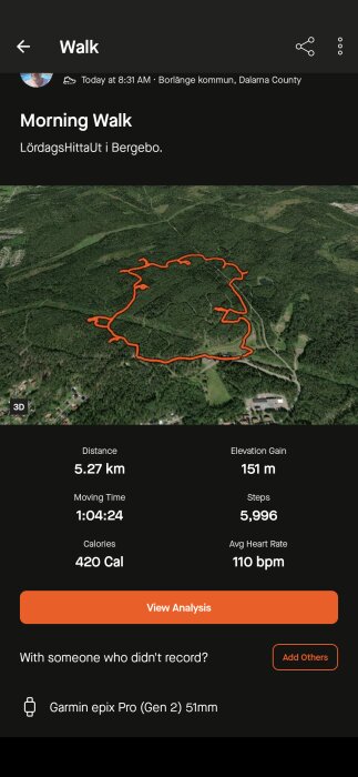 Karta av ett promenadspår på 5,27 km i Bergebo med en höjdstigning på 151 m. Tiden är 1:04:24, förbrända kalorier är 420 och genomsnittlig puls är 110 bpm.