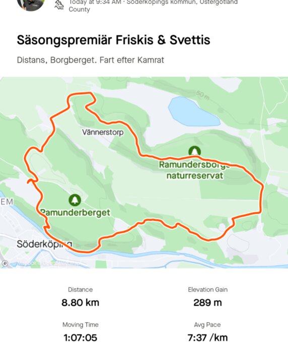 Karta över löprunda på 8,80 km runt Ramunderberget och Vännertorp i Söderköping, med en höjdstigning på 289 m och en genomsnittlig tempo på 7:37 min/km.