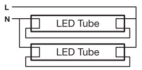 Schematisk ritning som visar inkoppling av två LED-rör (T5) parallellt med L och N anslutning överst.