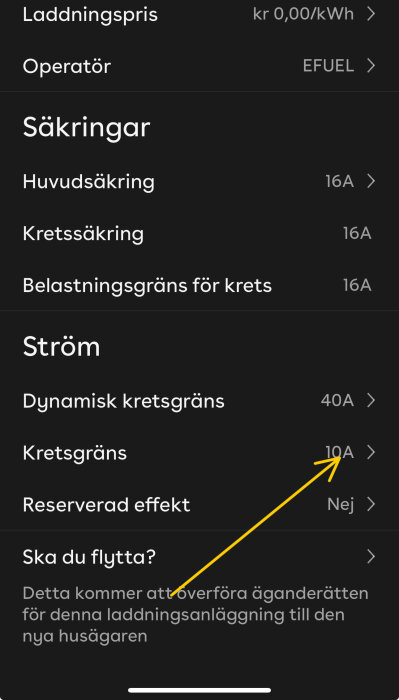 Skärmbild av inställningar för säkring och ström med en pil som pekar mot en kretsgräns på 10A.