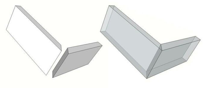 Två perspektivritningar som visar trästycken som sammanfogas i en 45-gradig vinkel för att bilda ett hörn.